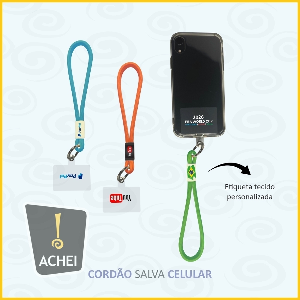 Cordão celular de punho com etiqueta personalizada
